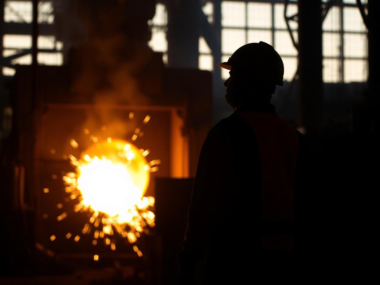 Foundry worker silhouetted against furnace